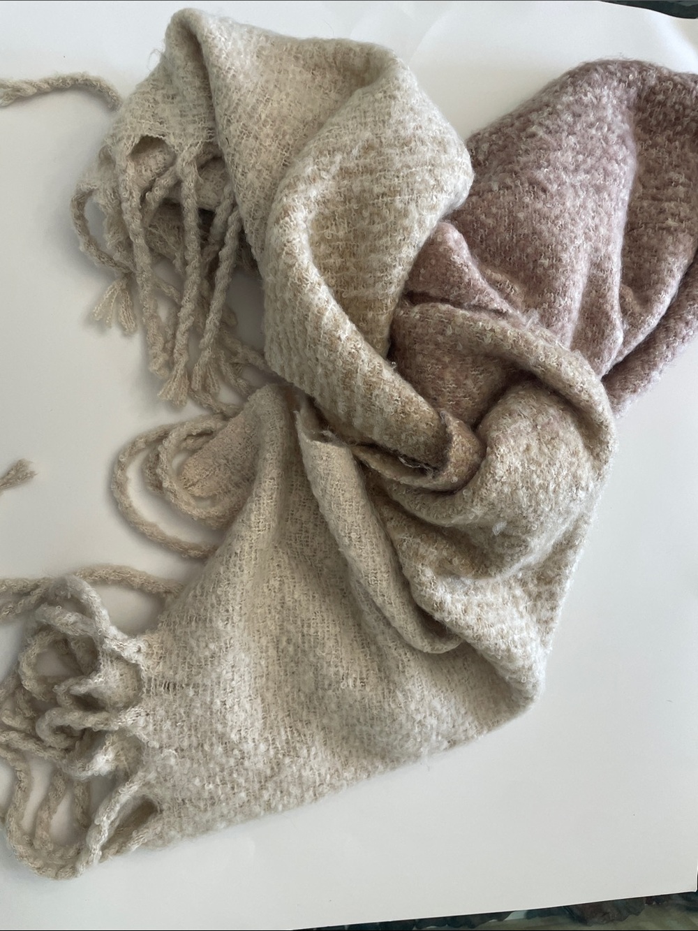 Soft Two-Tone Fringe Scarf in Cream and Blush